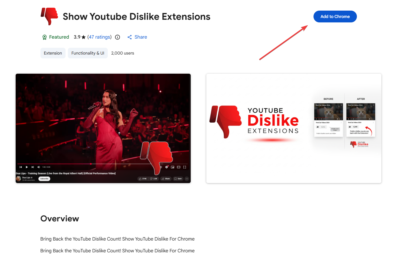 Screenshot showing where to download the extension for how to see YouTube dislike count.